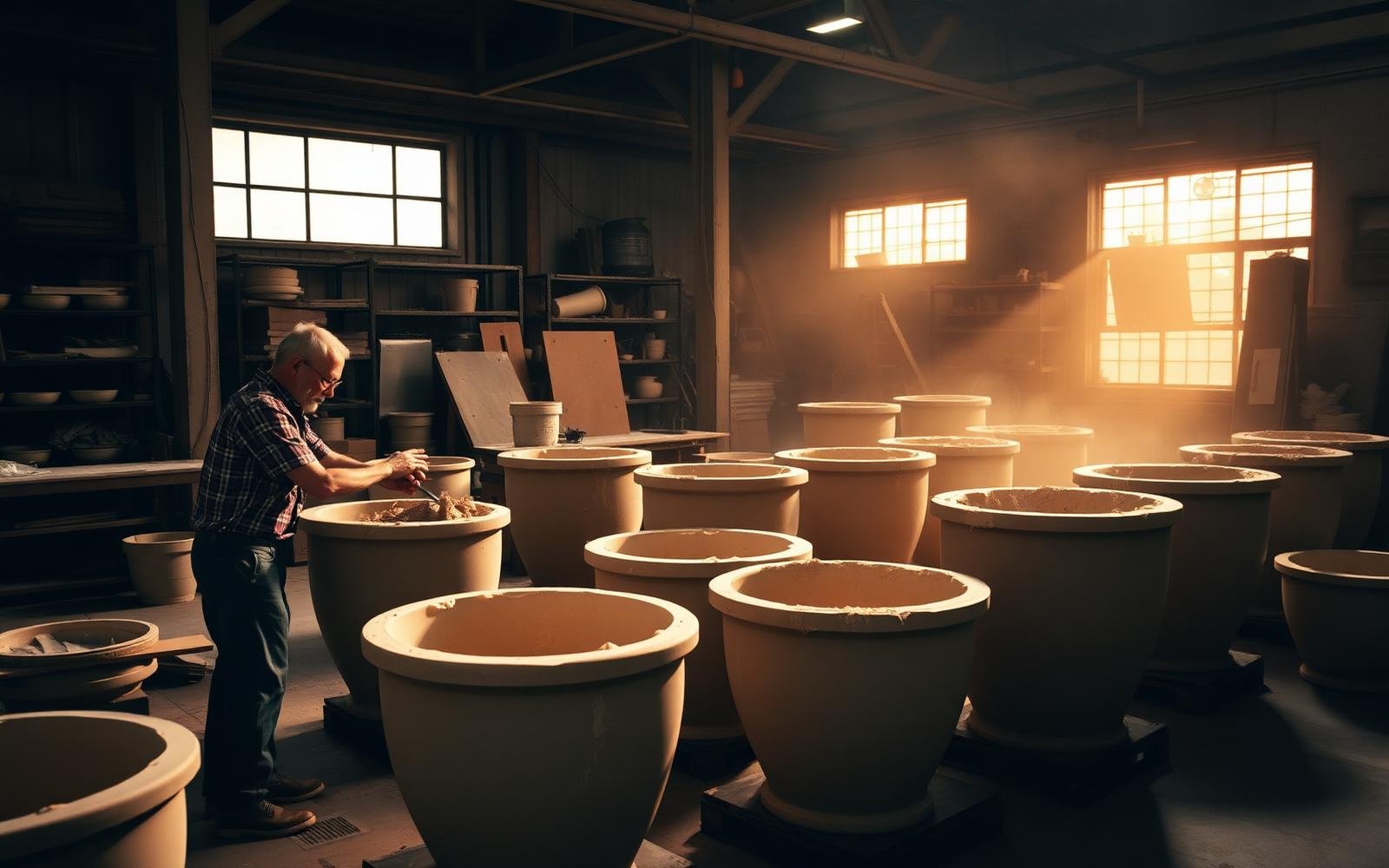 Craftsmen hand-laying fiberglass planters at the Fiber Kraft Pots factory in Bengaluru